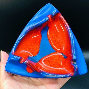 60s Beauce Ceramic Blue Orange Glaze Triangle Ashtray - RARE - Man Cave Decor